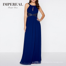 New Design Elastic Back Formal Dress Long Wide Shoulder Navy Blue Evening Dress